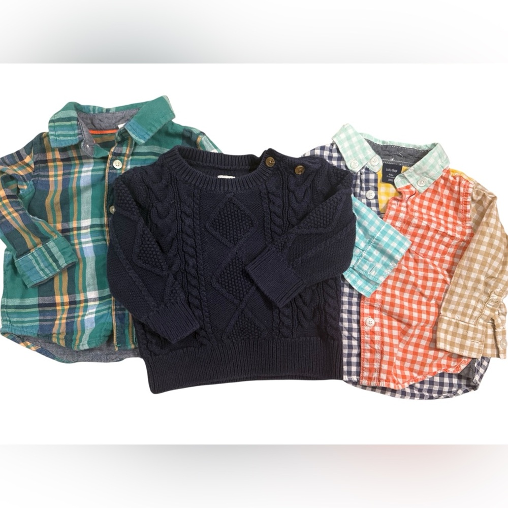 GAP Kids Set - Navy Sweater, Green Flannel and Plaid Dress Shirt